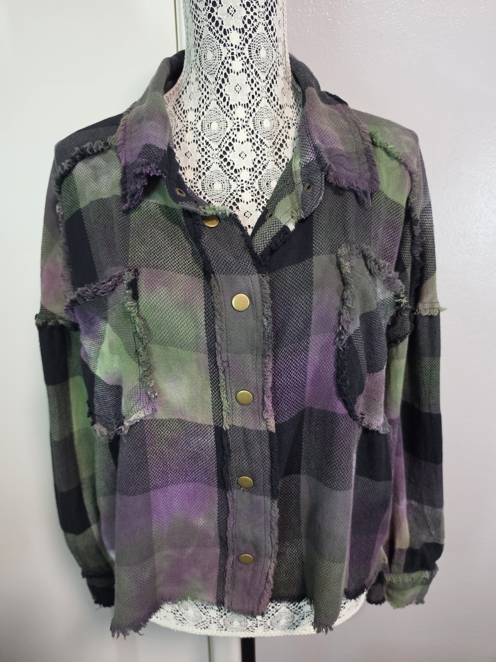 Oli & Hali Purple Green Plaid 100% Cotton Oversized Cropped Shacket Small